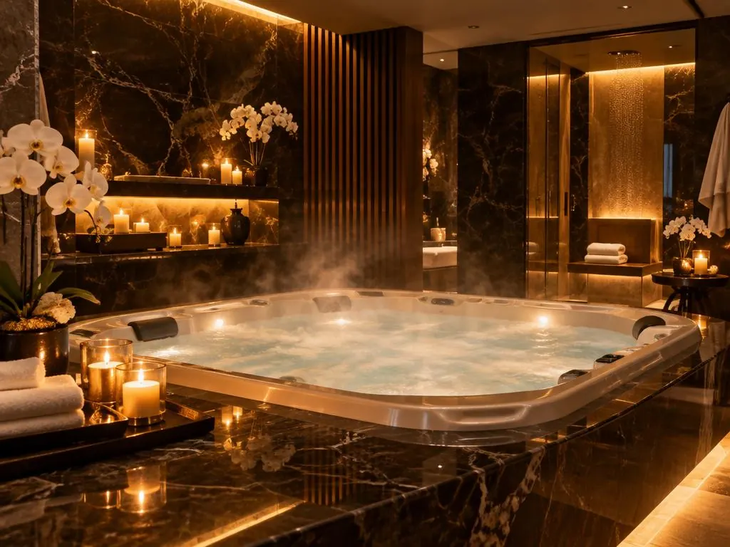 Steaming jacuzzi tub surrounded by candles and orchids in a warm, marble-clad hydrotherapy spa room