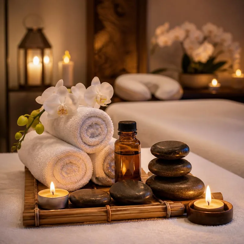 Rolled towels, hot stones and massage oil on a bamboo tray in a candlelit spa treatment room
