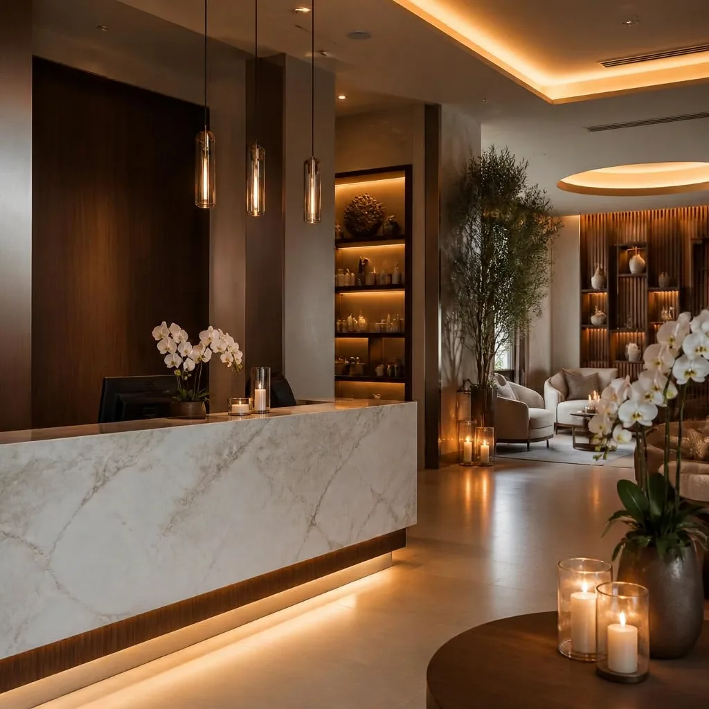 Spa reception lounge with a marble counter, pendant lights and orchid arrangements